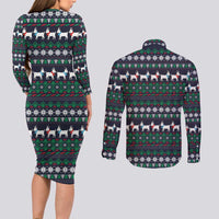 Cute Reindeer in Santa Hat Couples Matching Long Sleeve Bodycon Dress and Long Sleeve Button Shirt with Red Green Snowflake Knit Pattern Design - Wonder Print Shop
