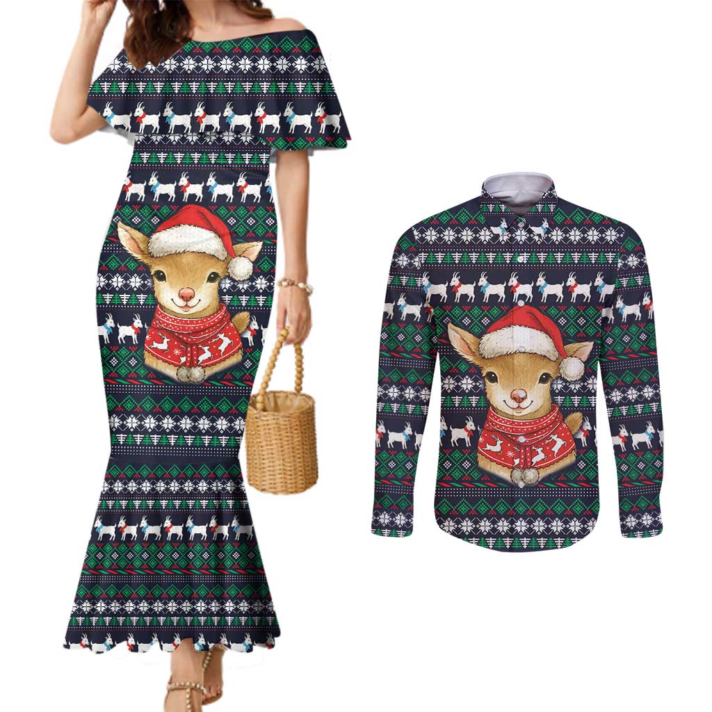 Cute Reindeer in Santa Hat Couples Matching Mermaid Dress and Long Sleeve Button Shirt with Red Green Snowflake Knit Pattern Design - Wonder Print Shop