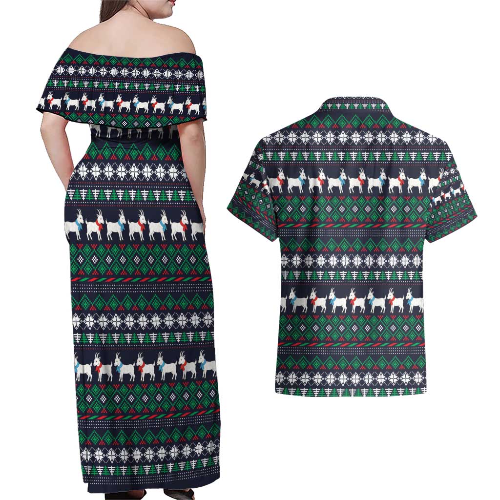 Cute Reindeer in Santa Hat Couples Matching Off Shoulder Maxi Dress and Hawaiian Shirt with Red Green Snowflake Knit Pattern Design - Wonder Print Shop
