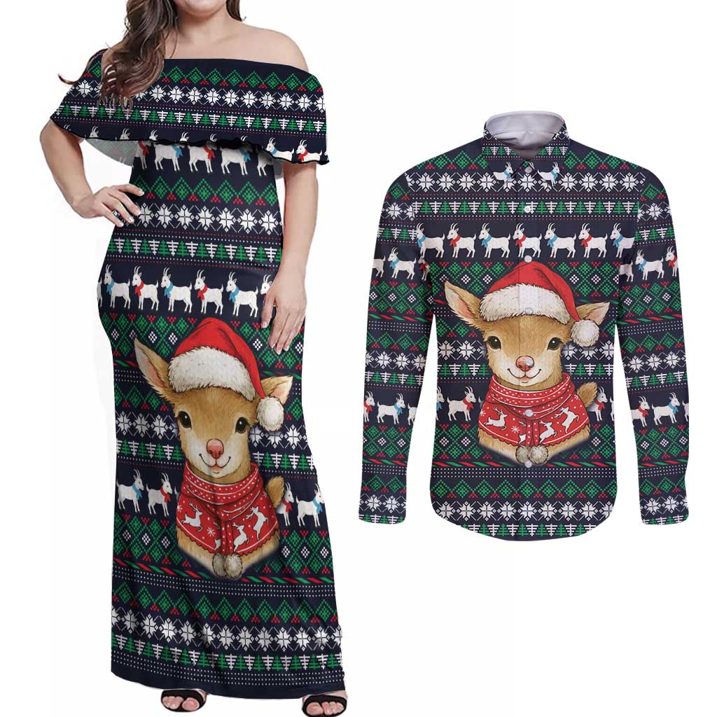 Cute Reindeer in Santa Hat Couples Matching Off Shoulder Maxi Dress and Long Sleeve Button Shirt with Red Green Snowflake Knit Pattern Design - Wonder Print Shop