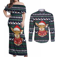 Cute Reindeer in Santa Hat Couples Matching Off Shoulder Maxi Dress and Long Sleeve Button Shirt with Red Green Snowflake Knit Pattern Design - Wonder Print Shop