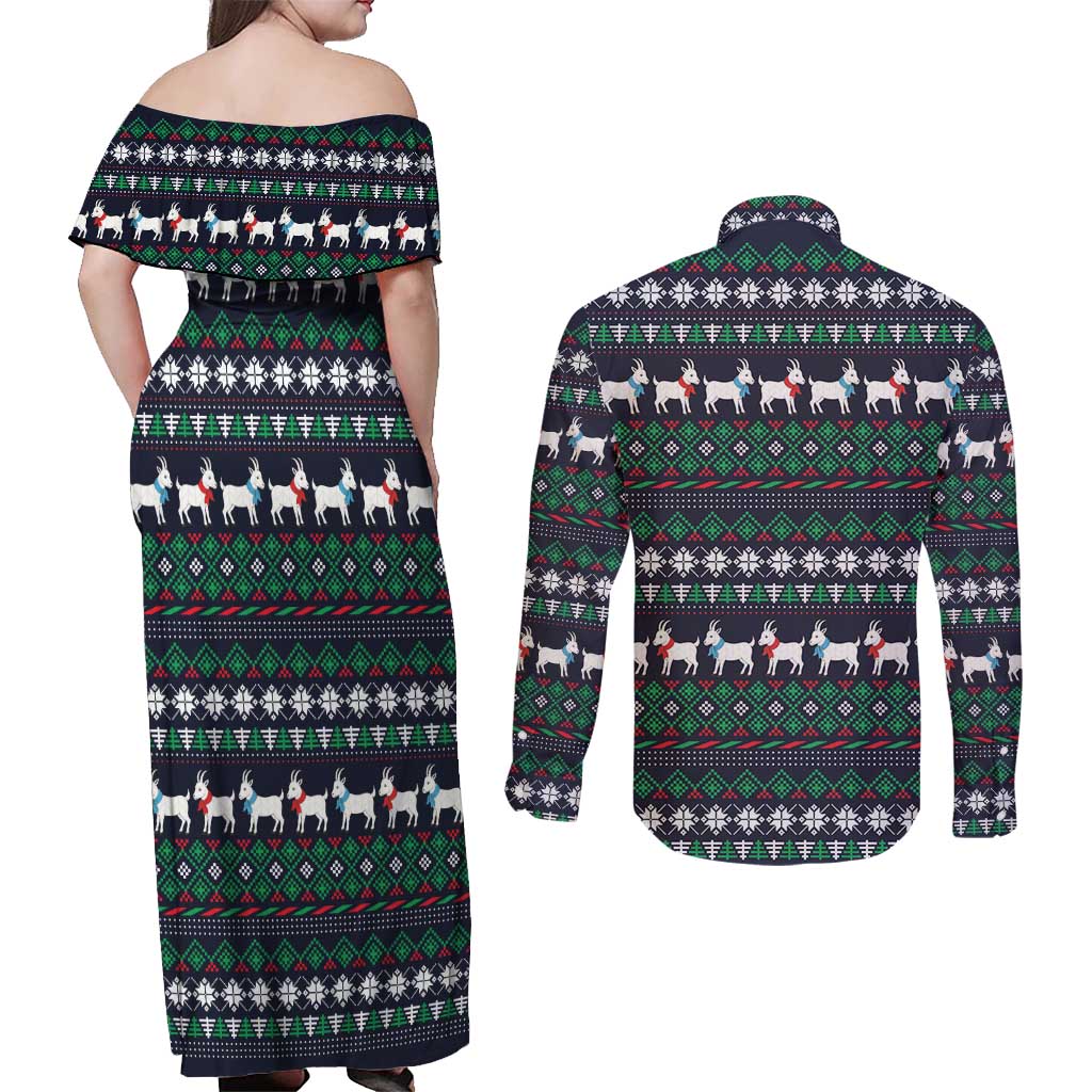 Cute Reindeer in Santa Hat Couples Matching Off Shoulder Maxi Dress and Long Sleeve Button Shirt with Red Green Snowflake Knit Pattern Design - Wonder Print Shop