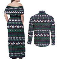 Cute Reindeer in Santa Hat Couples Matching Off Shoulder Maxi Dress and Long Sleeve Button Shirt with Red Green Snowflake Knit Pattern Design - Wonder Print Shop