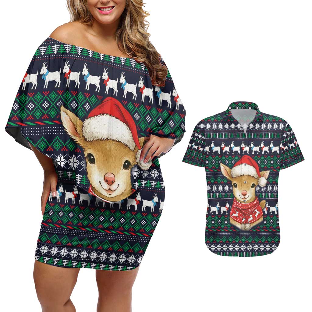 Cute Reindeer in Santa Hat Couples Matching Off Shoulder Short Dress and Hawaiian Shirt with Red Green Snowflake Knit Pattern Design - Wonder Print Shop