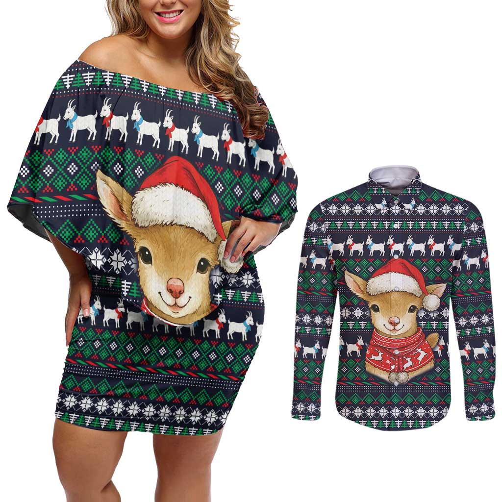 Cute Reindeer in Santa Hat Couples Matching Off Shoulder Short Dress and Long Sleeve Button Shirt with Red Green Snowflake Knit Pattern Design - Wonder Print Shop
