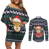 Cute Reindeer in Santa Hat Couples Matching Off Shoulder Short Dress and Long Sleeve Button Shirt with Red Green Snowflake Knit Pattern Design - Wonder Print Shop