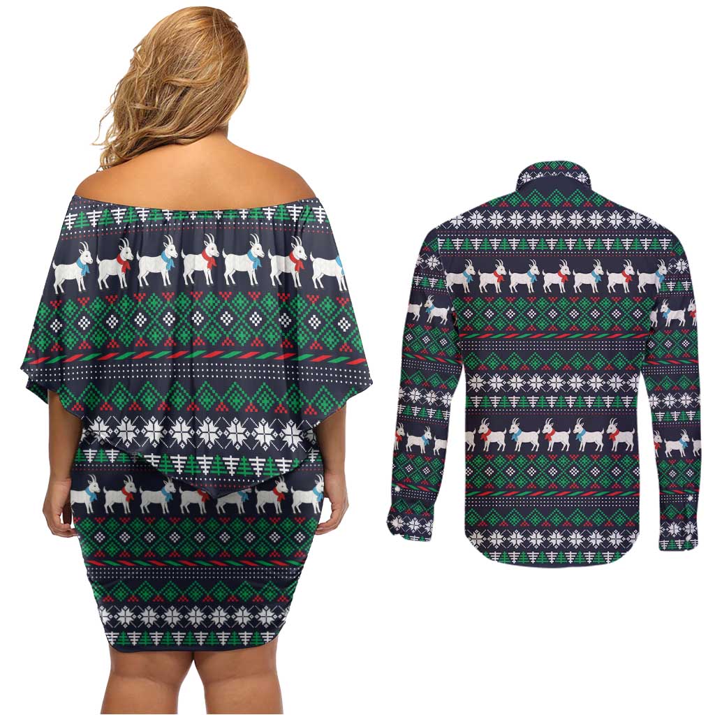 Cute Reindeer in Santa Hat Couples Matching Off Shoulder Short Dress and Long Sleeve Button Shirt with Red Green Snowflake Knit Pattern Design - Wonder Print Shop