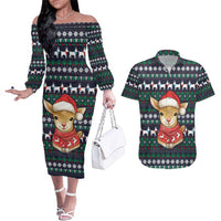 Cute Reindeer in Santa Hat Couples Matching Off The Shoulder Long Sleeve Dress and Hawaiian Shirt with Red Green Snowflake Knit Pattern Design - Wonder Print Shop