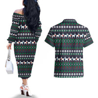 Cute Reindeer in Santa Hat Couples Matching Off The Shoulder Long Sleeve Dress and Hawaiian Shirt with Red Green Snowflake Knit Pattern Design - Wonder Print Shop