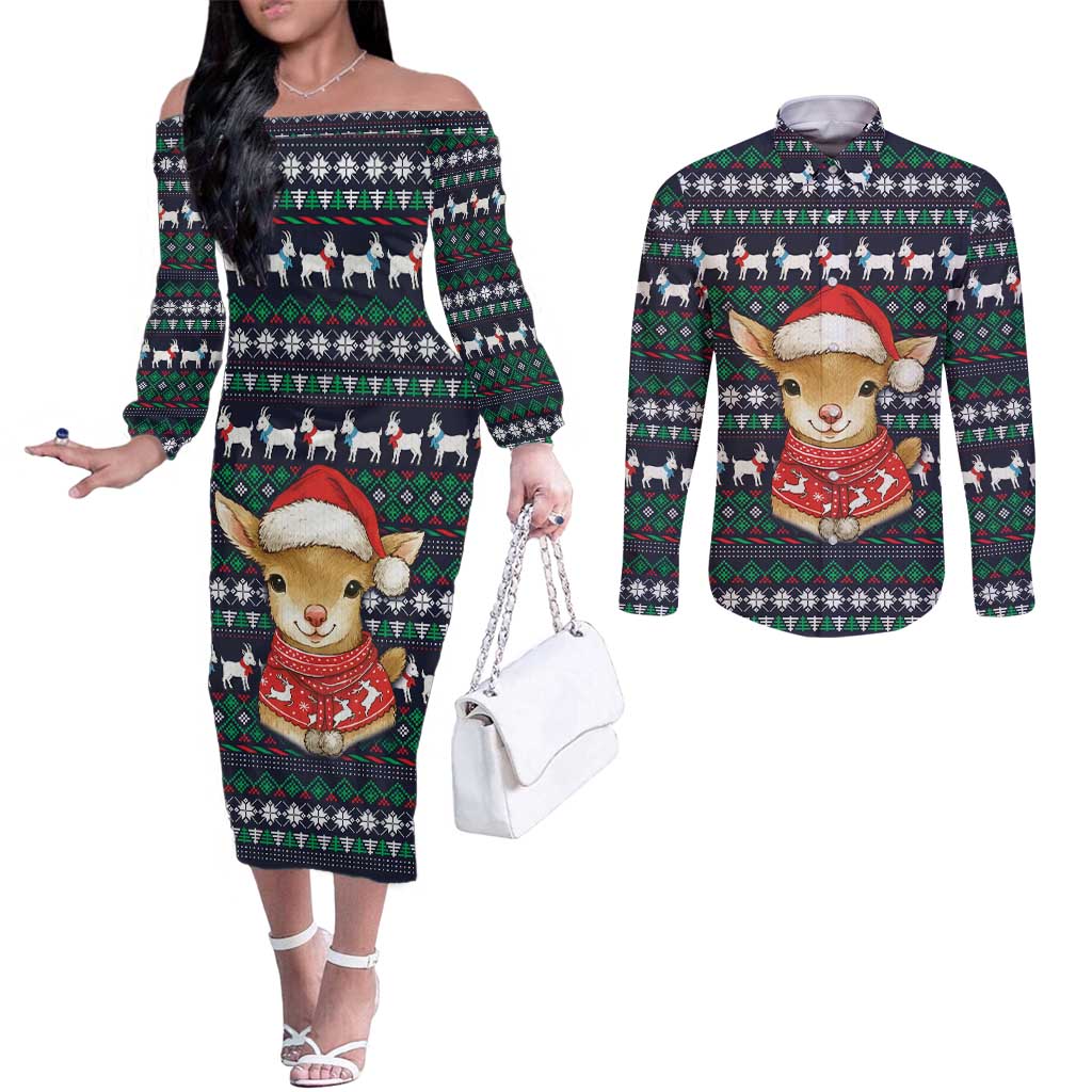 Cute Reindeer in Santa Hat Couples Matching Off The Shoulder Long Sleeve Dress and Long Sleeve Button Shirt with Red Green Snowflake Knit Pattern Design - Wonder Print Shop