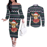 Cute Reindeer in Santa Hat Couples Matching Off The Shoulder Long Sleeve Dress and Long Sleeve Button Shirt with Red Green Snowflake Knit Pattern Design - Wonder Print Shop