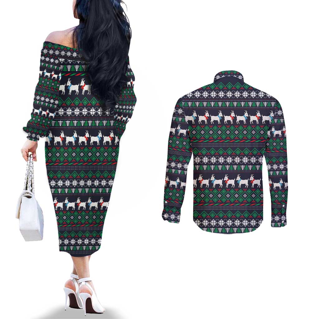 Cute Reindeer in Santa Hat Couples Matching Off The Shoulder Long Sleeve Dress and Long Sleeve Button Shirt with Red Green Snowflake Knit Pattern Design - Wonder Print Shop