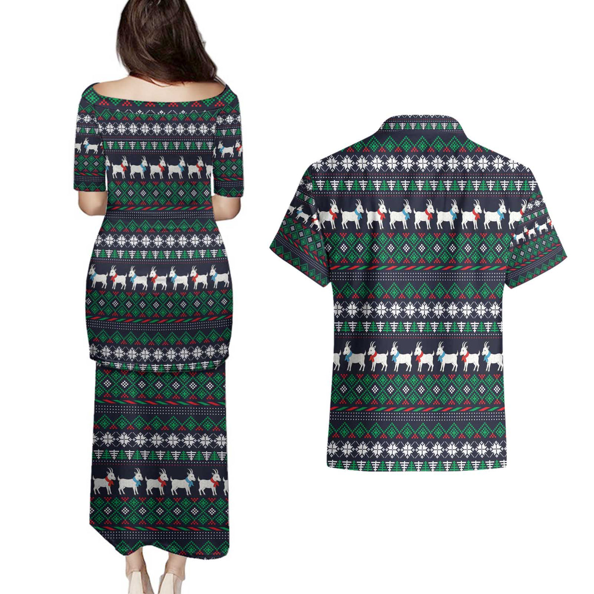 Cute Reindeer in Santa Hat Couples Matching Puletasi and Hawaiian Shirt with Red Green Snowflake Knit Pattern Design - Wonder Print Shop