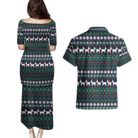 Cute Reindeer in Santa Hat Couples Matching Puletasi and Hawaiian Shirt with Red Green Snowflake Knit Pattern Design - Wonder Print Shop