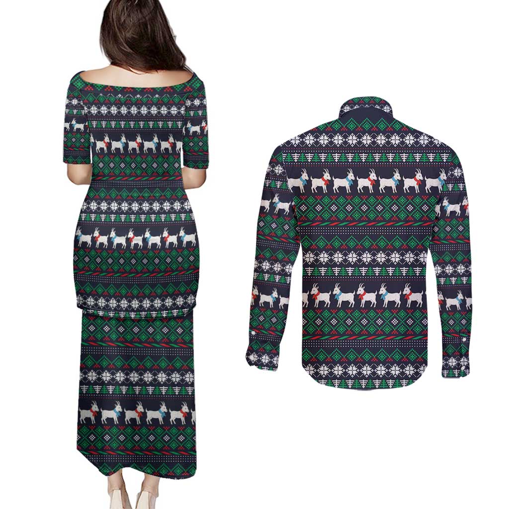 Cute Reindeer in Santa Hat Couples Matching Puletasi and Long Sleeve Button Shirt with Red Green Snowflake Knit Pattern Design - Wonder Print Shop