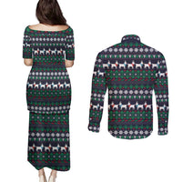 Cute Reindeer in Santa Hat Couples Matching Puletasi and Long Sleeve Button Shirt with Red Green Snowflake Knit Pattern Design - Wonder Print Shop