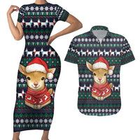 Cute Reindeer in Santa Hat Couples Matching Short Sleeve Bodycon Dress and Hawaiian Shirt with Red Green Snowflake Knit Pattern Design - Wonder Print Shop