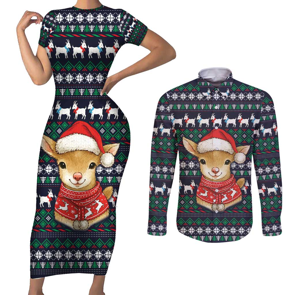 Cute Reindeer in Santa Hat Couples Matching Short Sleeve Bodycon Dress and Long Sleeve Button Shirt with Red Green Snowflake Knit Pattern Design - Wonder Print Shop