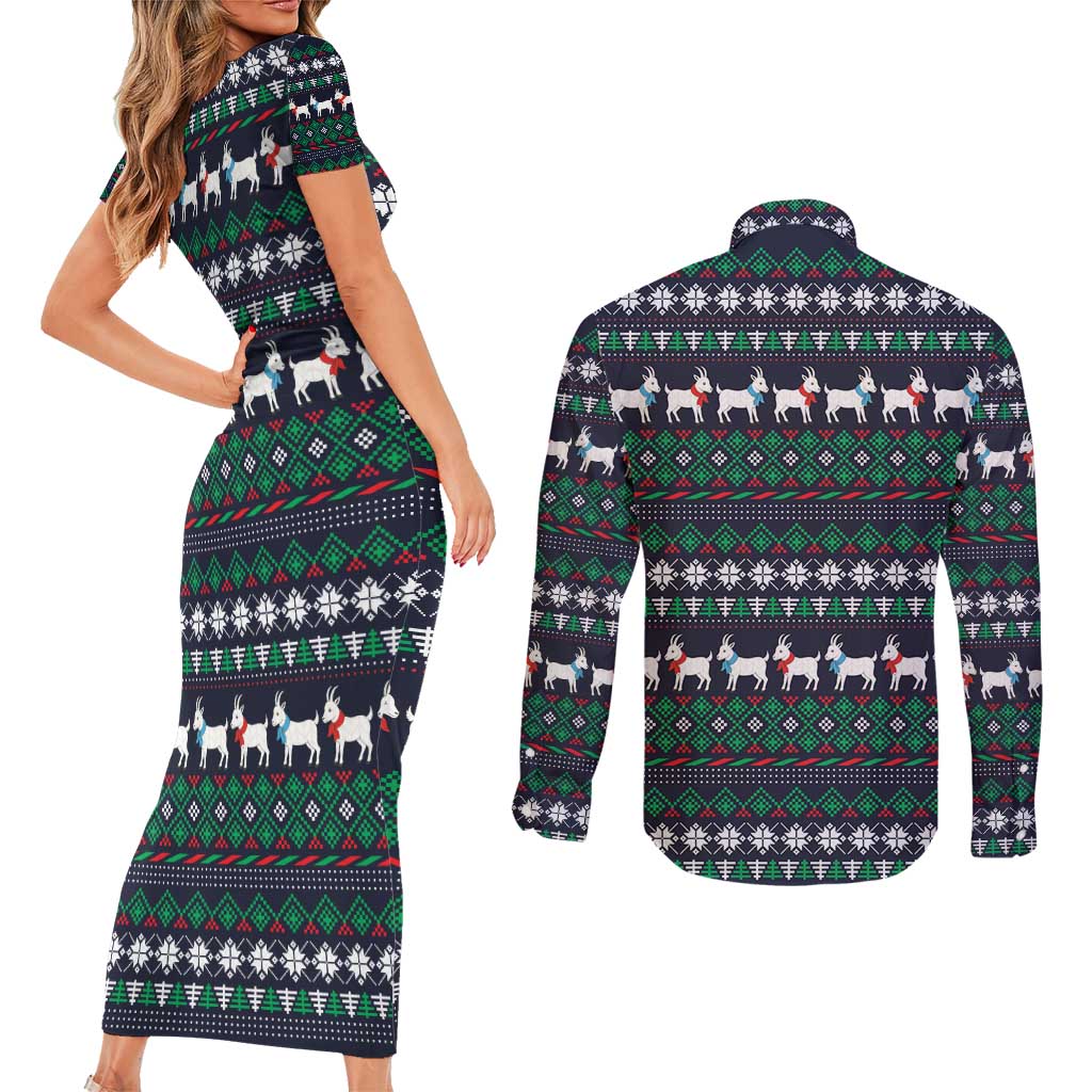 Cute Reindeer in Santa Hat Couples Matching Short Sleeve Bodycon Dress and Long Sleeve Button Shirt with Red Green Snowflake Knit Pattern Design - Wonder Print Shop