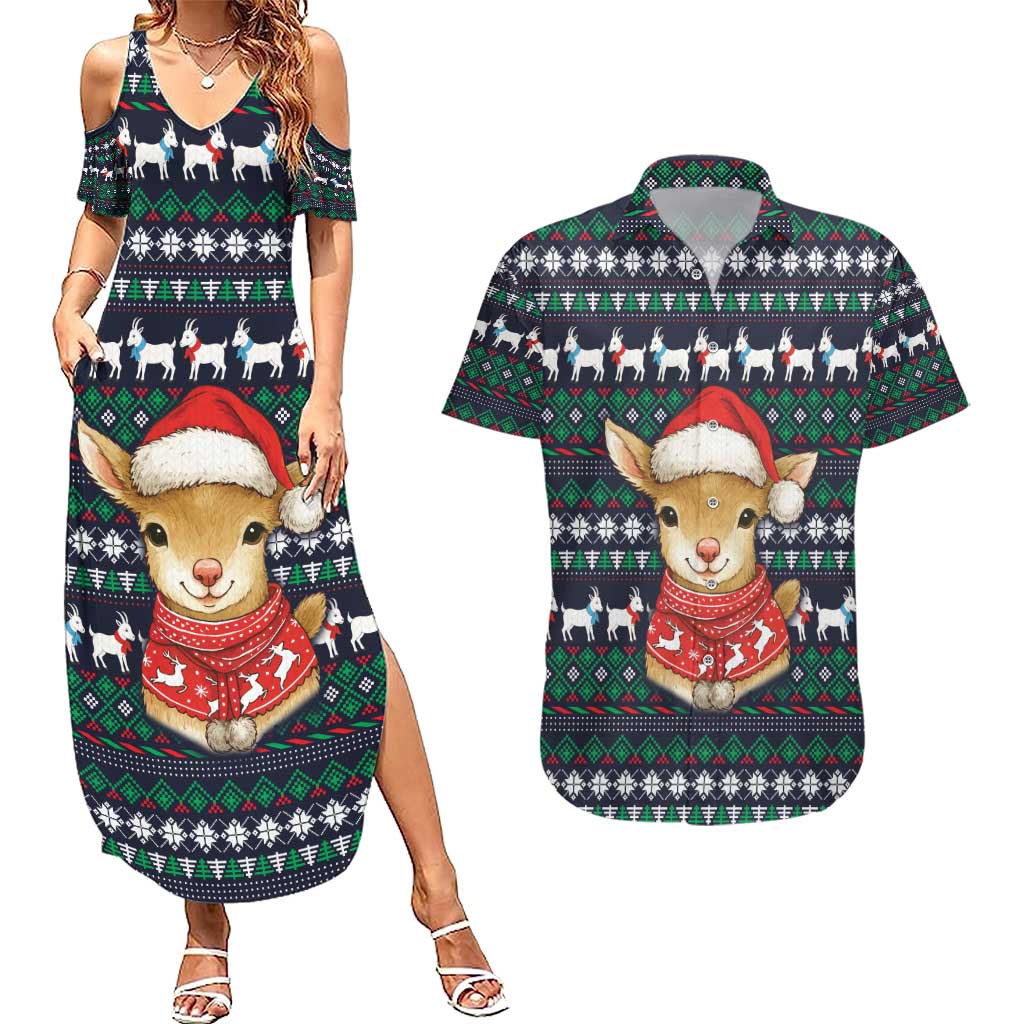 Cute Reindeer in Santa Hat Couples Matching Summer Maxi Dress and Hawaiian Shirt with Red Green Snowflake Knit Pattern Design - Wonder Print Shop