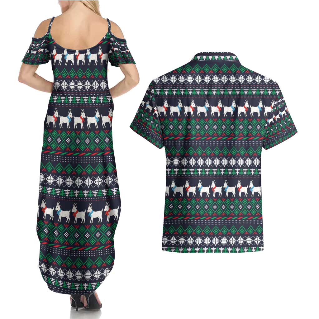 Cute Reindeer in Santa Hat Couples Matching Summer Maxi Dress and Hawaiian Shirt with Red Green Snowflake Knit Pattern Design - Wonder Print Shop