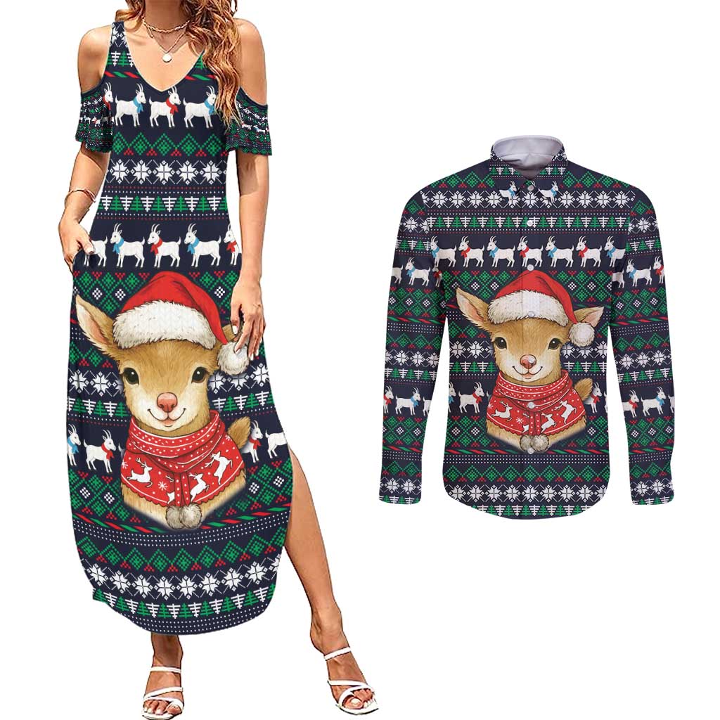 Cute Reindeer in Santa Hat Couples Matching Summer Maxi Dress and Long Sleeve Button Shirt with Red Green Snowflake Knit Pattern Design - Wonder Print Shop