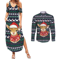 Cute Reindeer in Santa Hat Couples Matching Summer Maxi Dress and Long Sleeve Button Shirt with Red Green Snowflake Knit Pattern Design - Wonder Print Shop