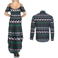 Cute Reindeer in Santa Hat Couples Matching Summer Maxi Dress and Long Sleeve Button Shirt with Red Green Snowflake Knit Pattern Design - Wonder Print Shop
