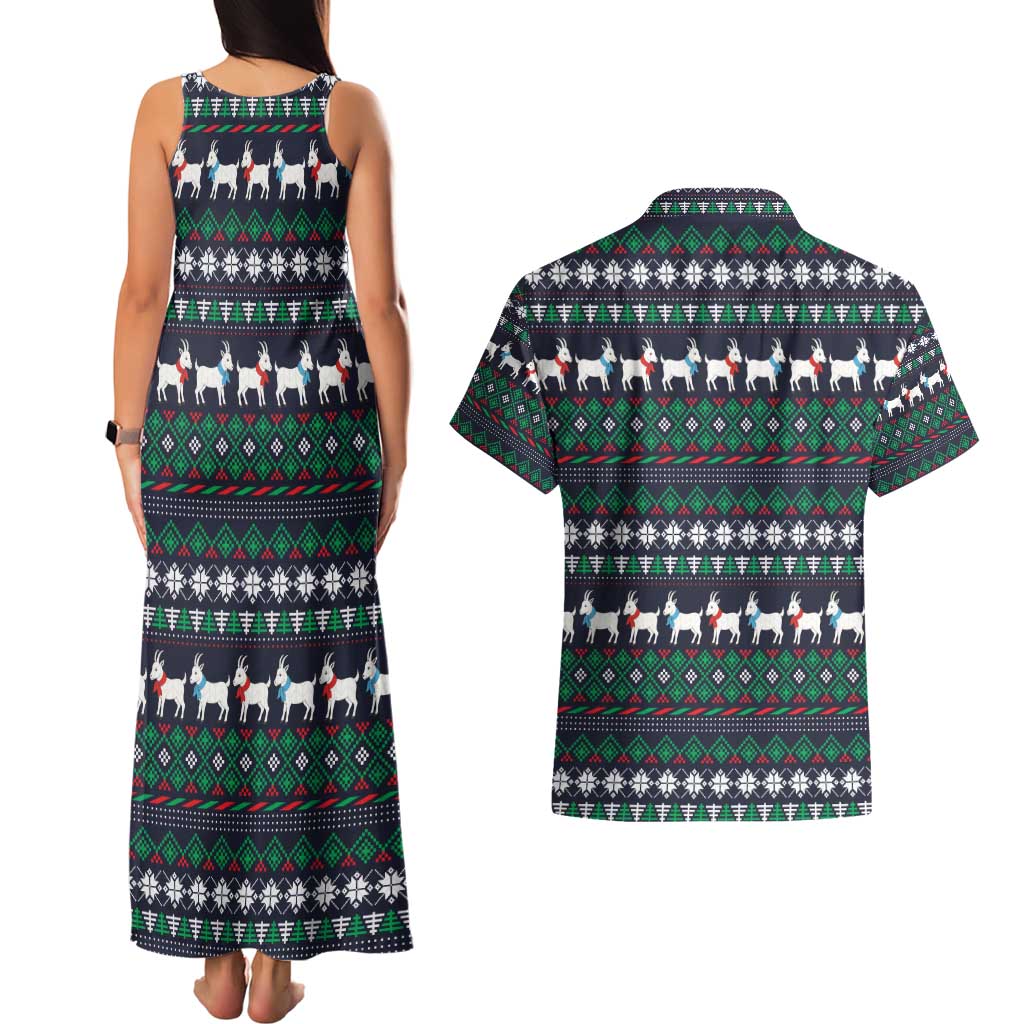 Cute Reindeer in Santa Hat Couples Matching Tank Maxi Dress and Hawaiian Shirt with Red Green Snowflake Knit Pattern Design - Wonder Print Shop