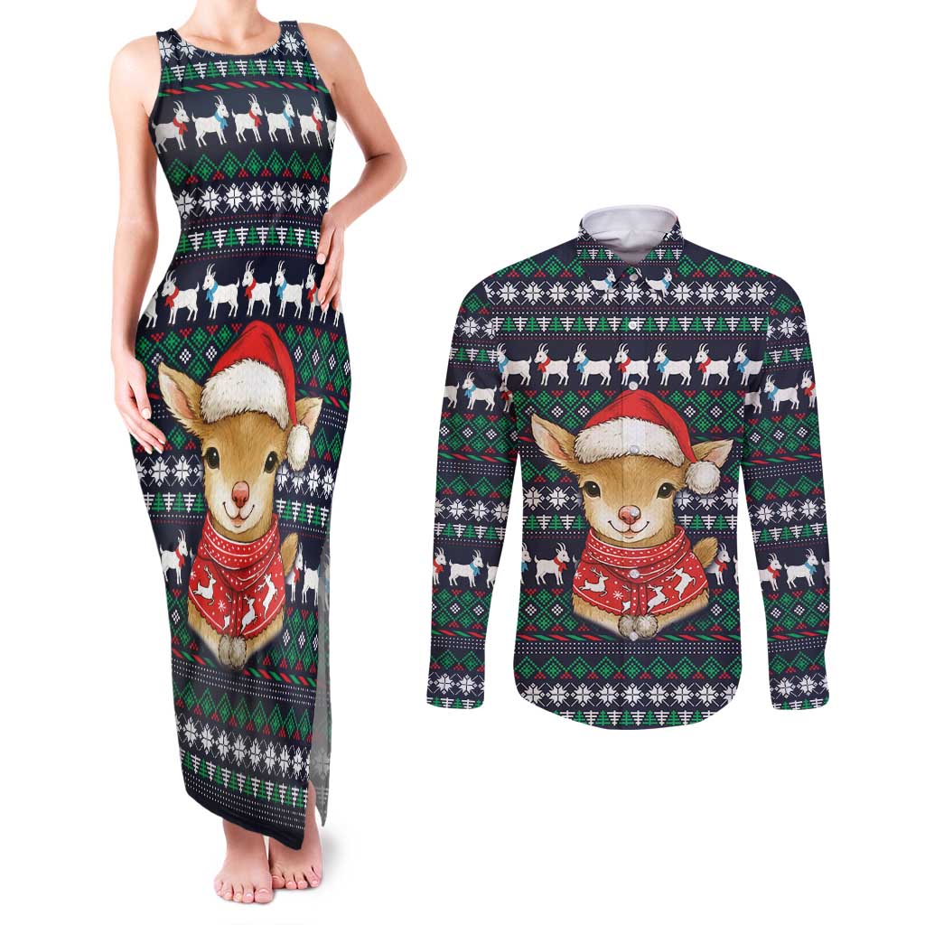 Cute Reindeer in Santa Hat Couples Matching Tank Maxi Dress and Long Sleeve Button Shirt with Red Green Snowflake Knit Pattern Design - Wonder Print Shop