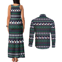 Cute Reindeer in Santa Hat Couples Matching Tank Maxi Dress and Long Sleeve Button Shirt with Red Green Snowflake Knit Pattern Design - Wonder Print Shop