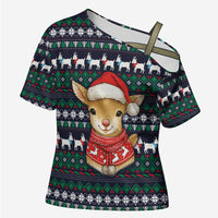 Cute Reindeer in Santa Hat Cross Shoulder Shirt with Red Green Snowflake Knit Pattern Design - Wonder Print Shop