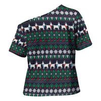 Cute Reindeer in Santa Hat Cross Shoulder Shirt with Red Green Snowflake Knit Pattern Design - Wonder Print Shop