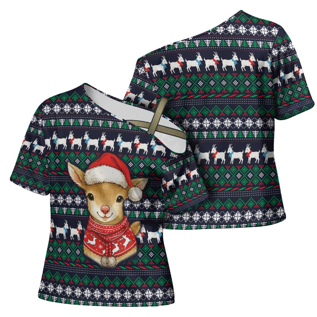 Cute Reindeer in Santa Hat Cross Shoulder Shirt with Red Green Snowflake Knit Pattern Design - Wonder Print Shop