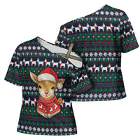 Cute Reindeer in Santa Hat Cross Shoulder Shirt with Red Green Snowflake Knit Pattern Design - Wonder Print Shop