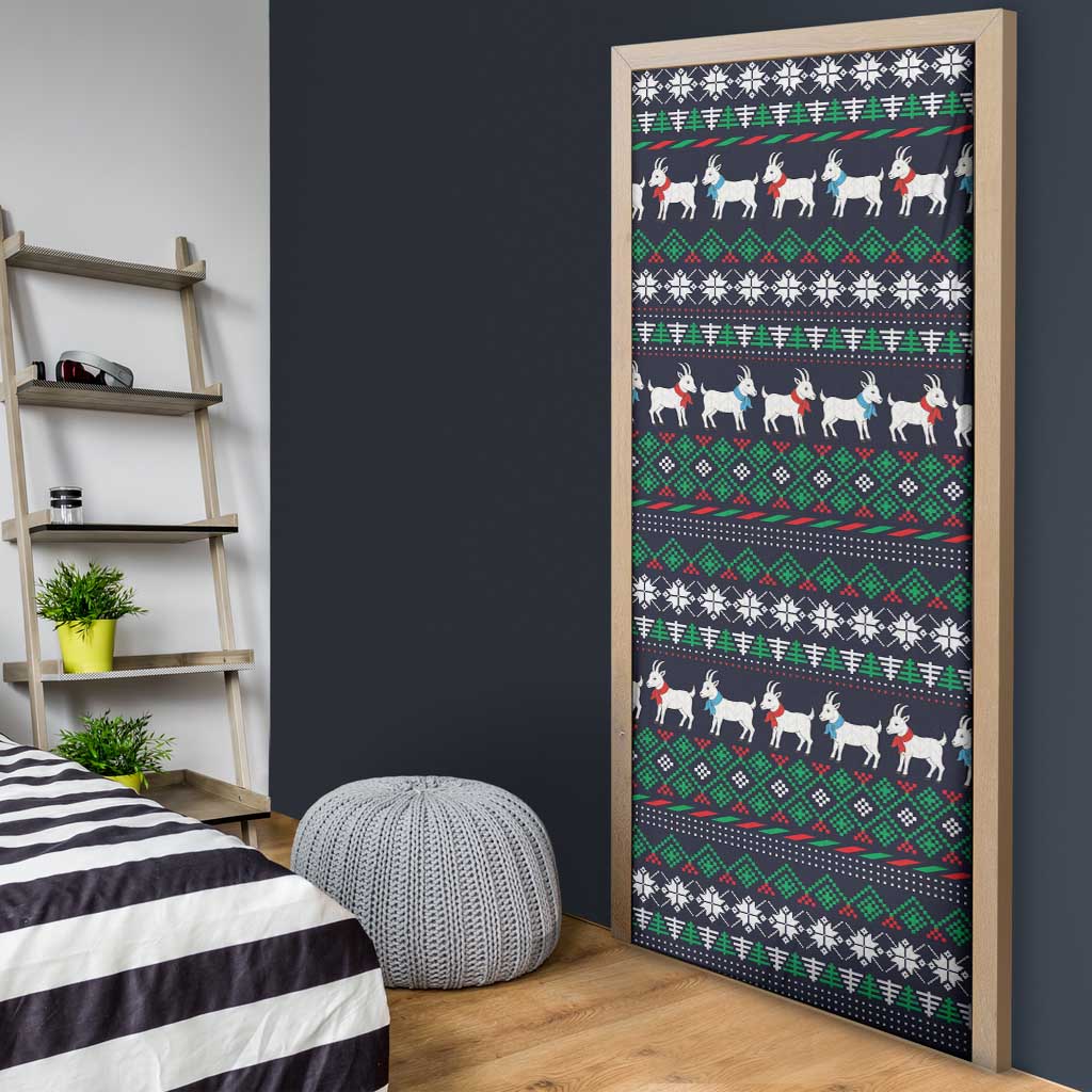 Cute Reindeer in Santa Hat Door Cover with Red Green Snowflake Knit Pattern Design - Wonder Print Shop