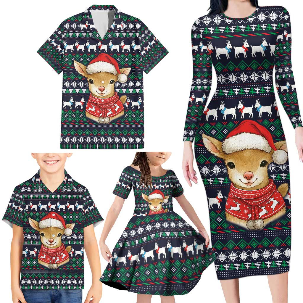 Cute Reindeer in Santa Hat Family Matching Long Sleeve Bodycon Dress and Hawaiian Shirt with Red Green Snowflake Knit Pattern Design - Wonder Print Shop