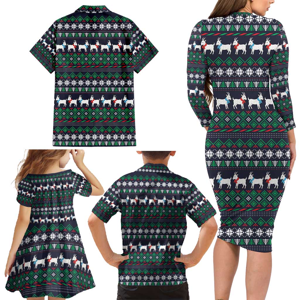 Cute Reindeer in Santa Hat Family Matching Long Sleeve Bodycon Dress and Hawaiian Shirt with Red Green Snowflake Knit Pattern Design - Wonder Print Shop