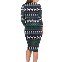 Cute Reindeer in Santa Hat Family Matching Long Sleeve Bodycon Dress and Hawaiian Shirt with Red Green Snowflake Knit Pattern Design - Wonder Print Shop