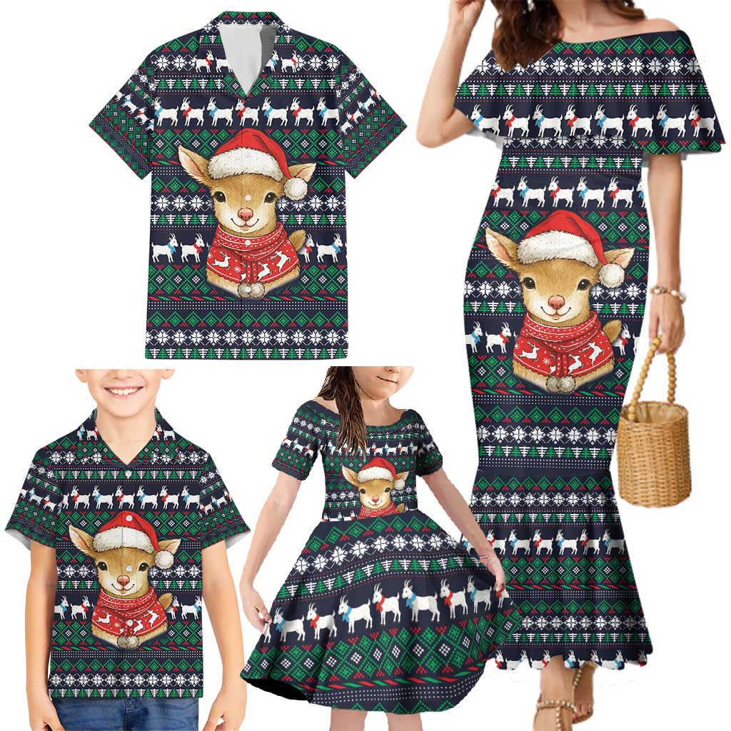 Cute Reindeer in Santa Hat Family Matching Mermaid Dress and Hawaiian Shirt with Red Green Snowflake Knit Pattern Design - Wonder Print Shop