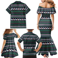 Cute Reindeer in Santa Hat Family Matching Mermaid Dress and Hawaiian Shirt with Red Green Snowflake Knit Pattern Design - Wonder Print Shop