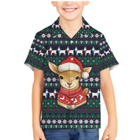 Cute Reindeer in Santa Hat Family Matching Mermaid Dress and Hawaiian Shirt with Red Green Snowflake Knit Pattern Design - Wonder Print Shop