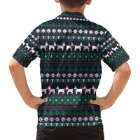 Cute Reindeer in Santa Hat Family Matching Off The Shoulder Long Sleeve Dress and Hawaiian Shirt with Red Green Snowflake Knit Pattern Design - Wonder Print Shop