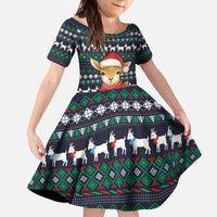 Cute Reindeer in Santa Hat Family Matching Off The Shoulder Long Sleeve Dress and Hawaiian Shirt with Red Green Snowflake Knit Pattern Design - Wonder Print Shop