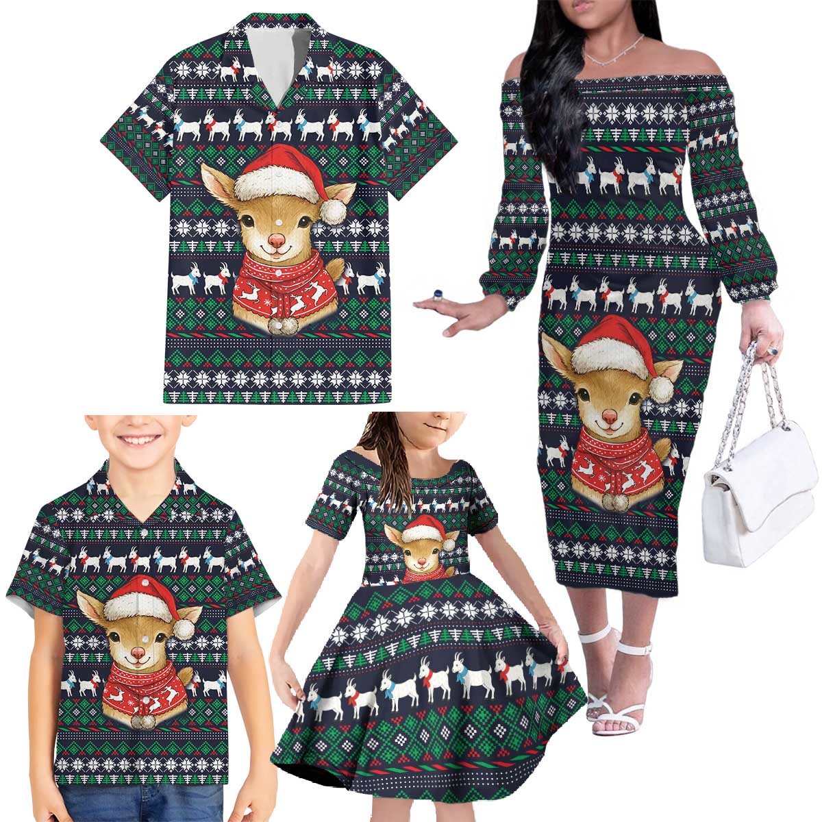 Cute Reindeer in Santa Hat Family Matching Off The Shoulder Long Sleeve Dress and Hawaiian Shirt with Red Green Snowflake Knit Pattern Design - Wonder Print Shop