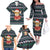 Cute Reindeer in Santa Hat Family Matching Off The Shoulder Long Sleeve Dress and Hawaiian Shirt with Red Green Snowflake Knit Pattern Design - Wonder Print Shop