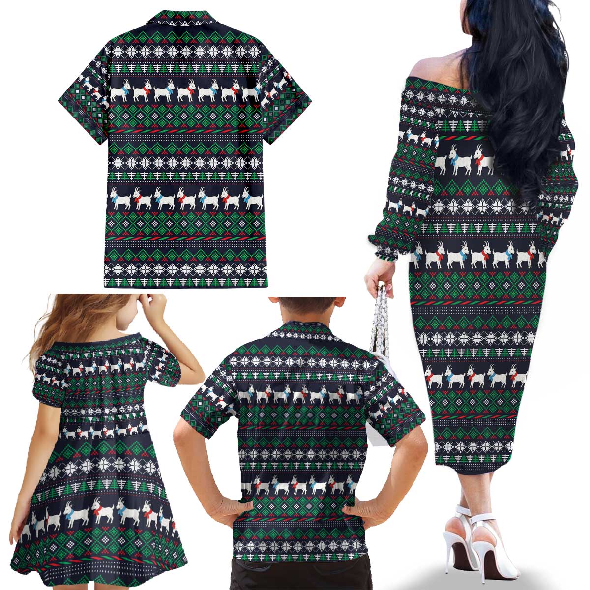 Cute Reindeer in Santa Hat Family Matching Off The Shoulder Long Sleeve Dress and Hawaiian Shirt with Red Green Snowflake Knit Pattern Design - Wonder Print Shop