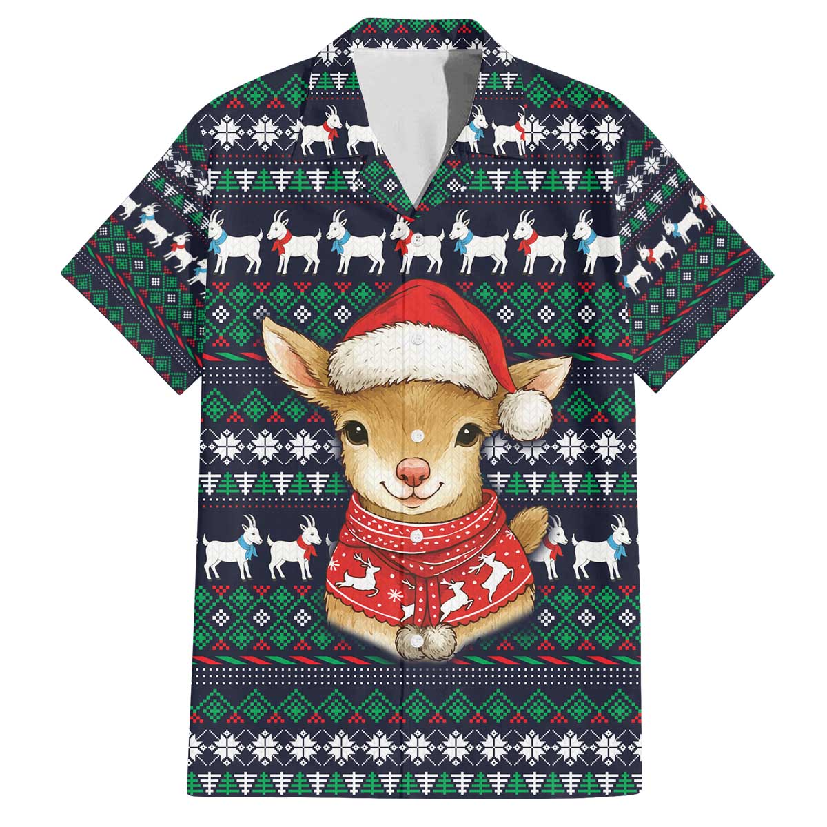 Cute Reindeer in Santa Hat Family Matching Off The Shoulder Long Sleeve Dress and Hawaiian Shirt with Red Green Snowflake Knit Pattern Design - Wonder Print Shop
