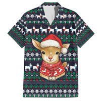 Cute Reindeer in Santa Hat Family Matching Off The Shoulder Long Sleeve Dress and Hawaiian Shirt with Red Green Snowflake Knit Pattern Design - Wonder Print Shop