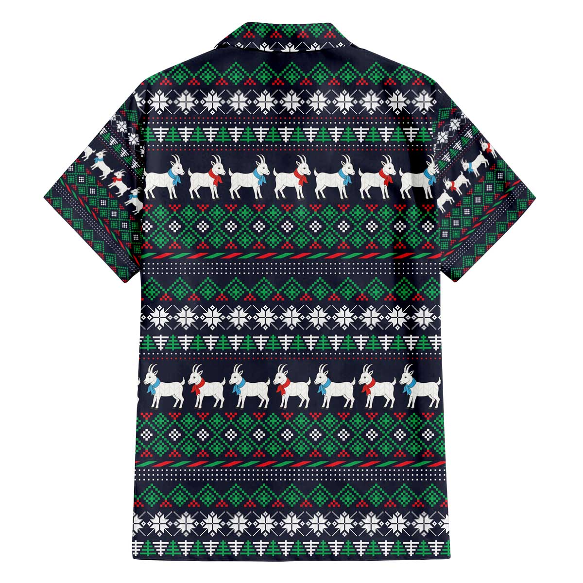 Cute Reindeer in Santa Hat Family Matching Off The Shoulder Long Sleeve Dress and Hawaiian Shirt with Red Green Snowflake Knit Pattern Design - Wonder Print Shop